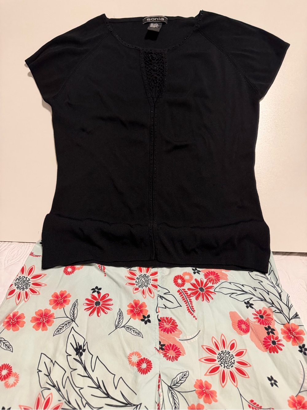 Sonia Black Short Sleeve Knit Top with Crochet Detail & Jonathan Martin skirt